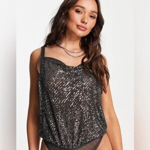 Free People Shimmer & Shine Bodysuit Night Grey sz medium